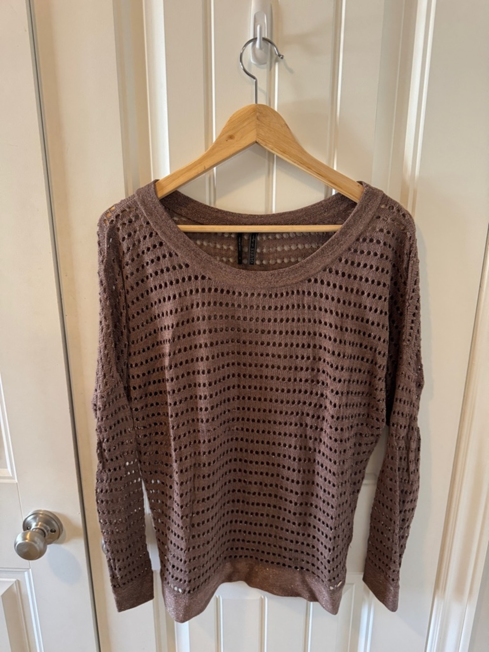 Guess Open-Knit Scoop Neck Sweater in Brown with Metallic Threading